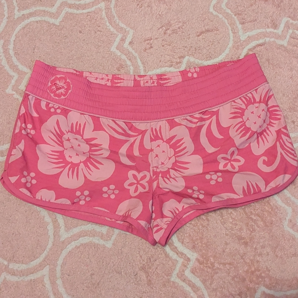 Roxy Pink & Light Pink Floral Print Surfboard Swim Shorts Pockets Size 9